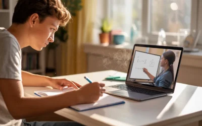 Ragazzo durante una sessione di ripetizioni online con tutor visibile sullo schermo